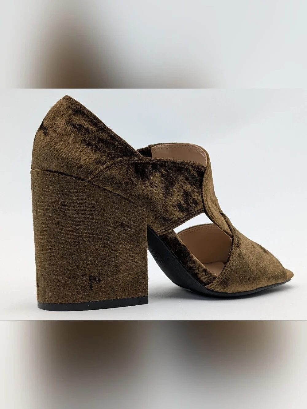 CAbi Interlock Sz 6 Crushed Velvet Sandal Olive Green Peep Toe Block Heel